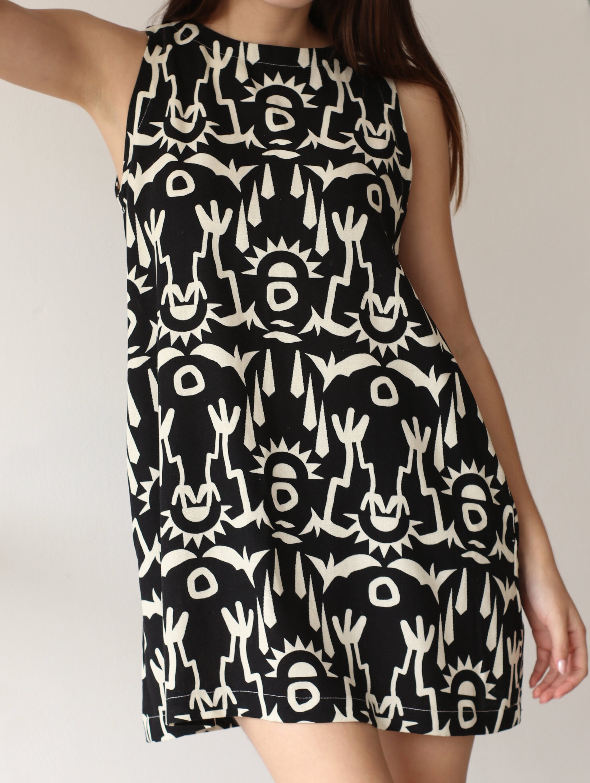 Vestido Lucrecia de Lino Negro Estampado